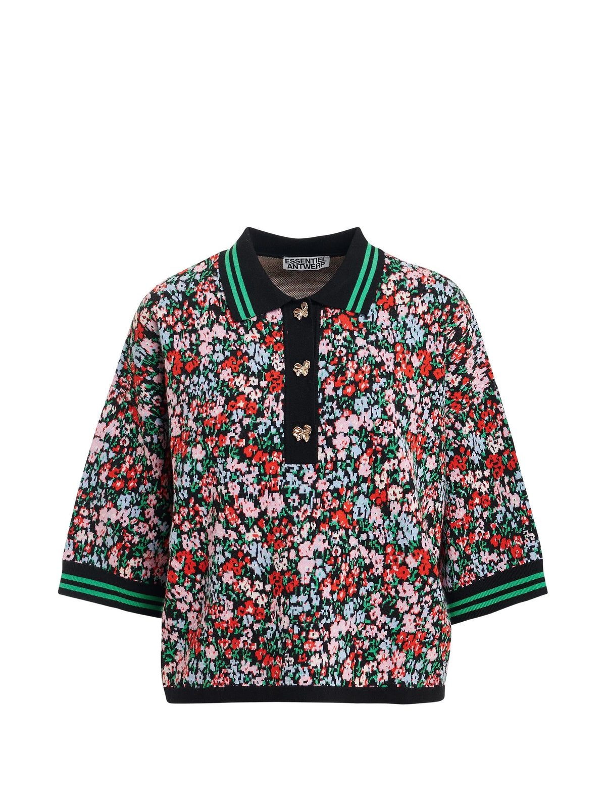 Essentiel Antwerp Kartos Floral-Print Polo with Bow Buttons Flower Multi