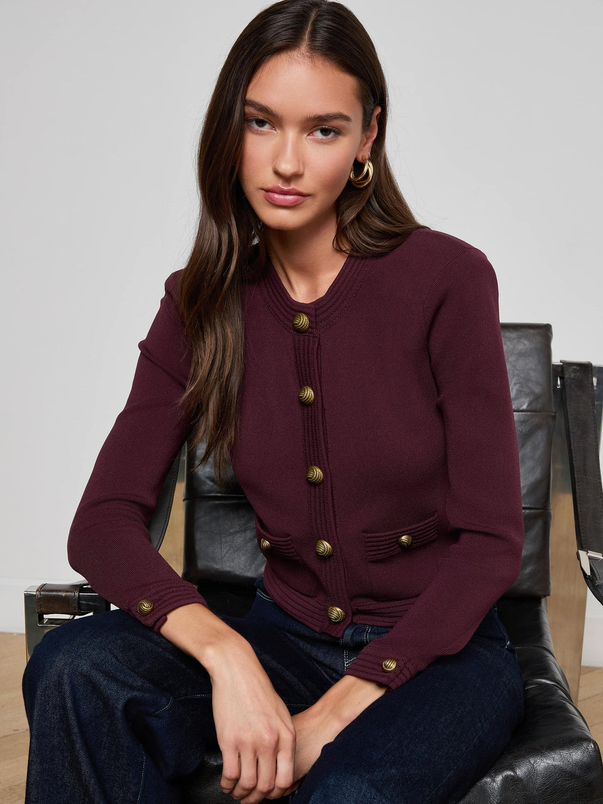 L'Agence 80161NXC2-MLBG Gilet court Patsy à col rond Malbec/Gold