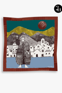 Cinzia Rocca Small Twill Silk Scarf With Woman and a Landscape - Yellow