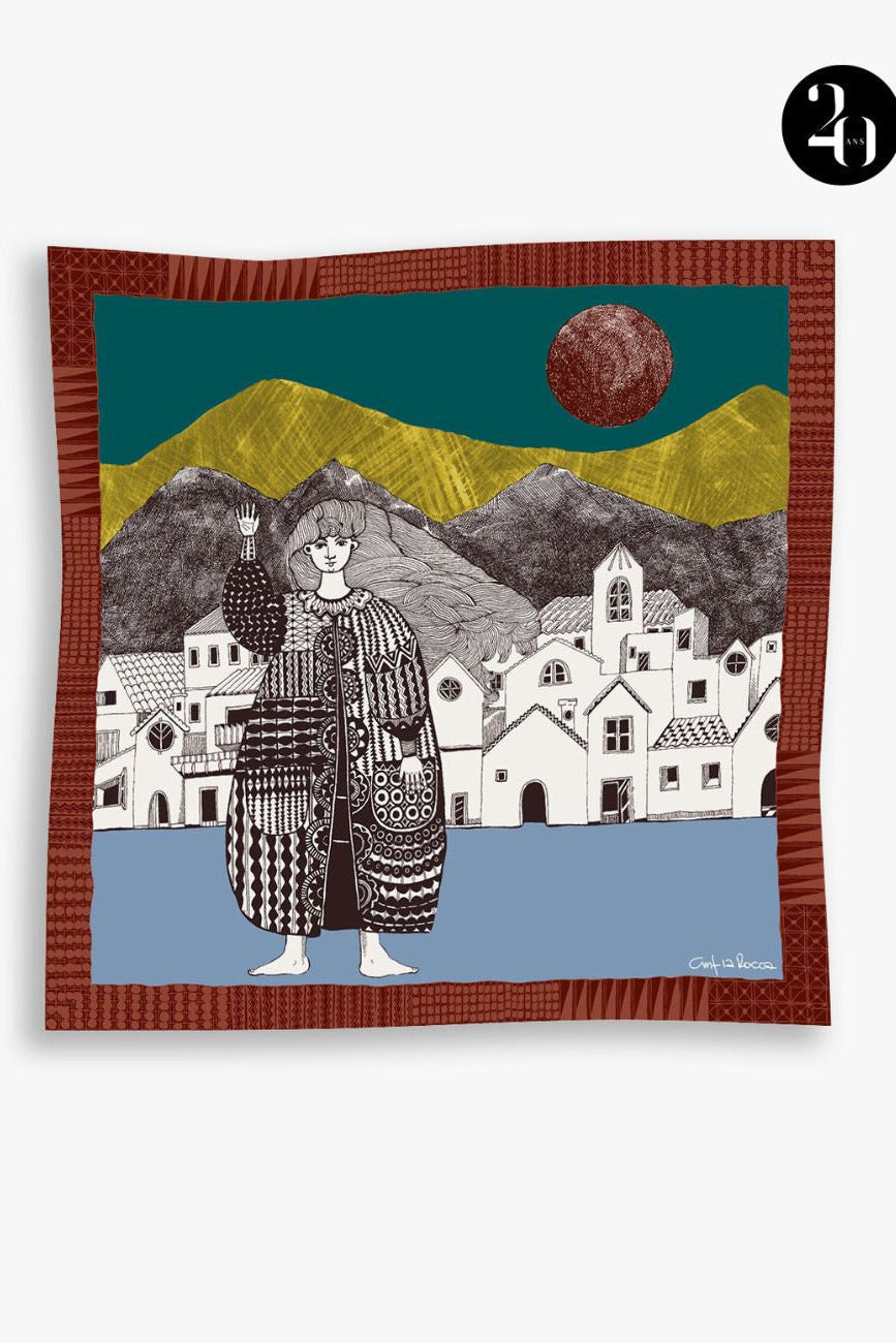 Cinzia Rocca Small Twill Silk Scarf With Woman and a Landscape - Yellow