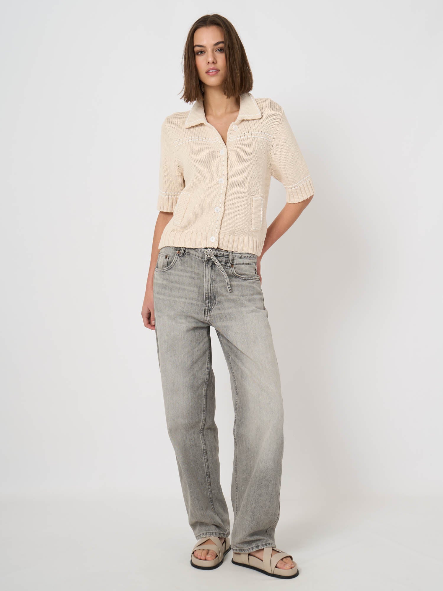 Repeat Chunky Knit Cotton-Blend Polo Cardigan