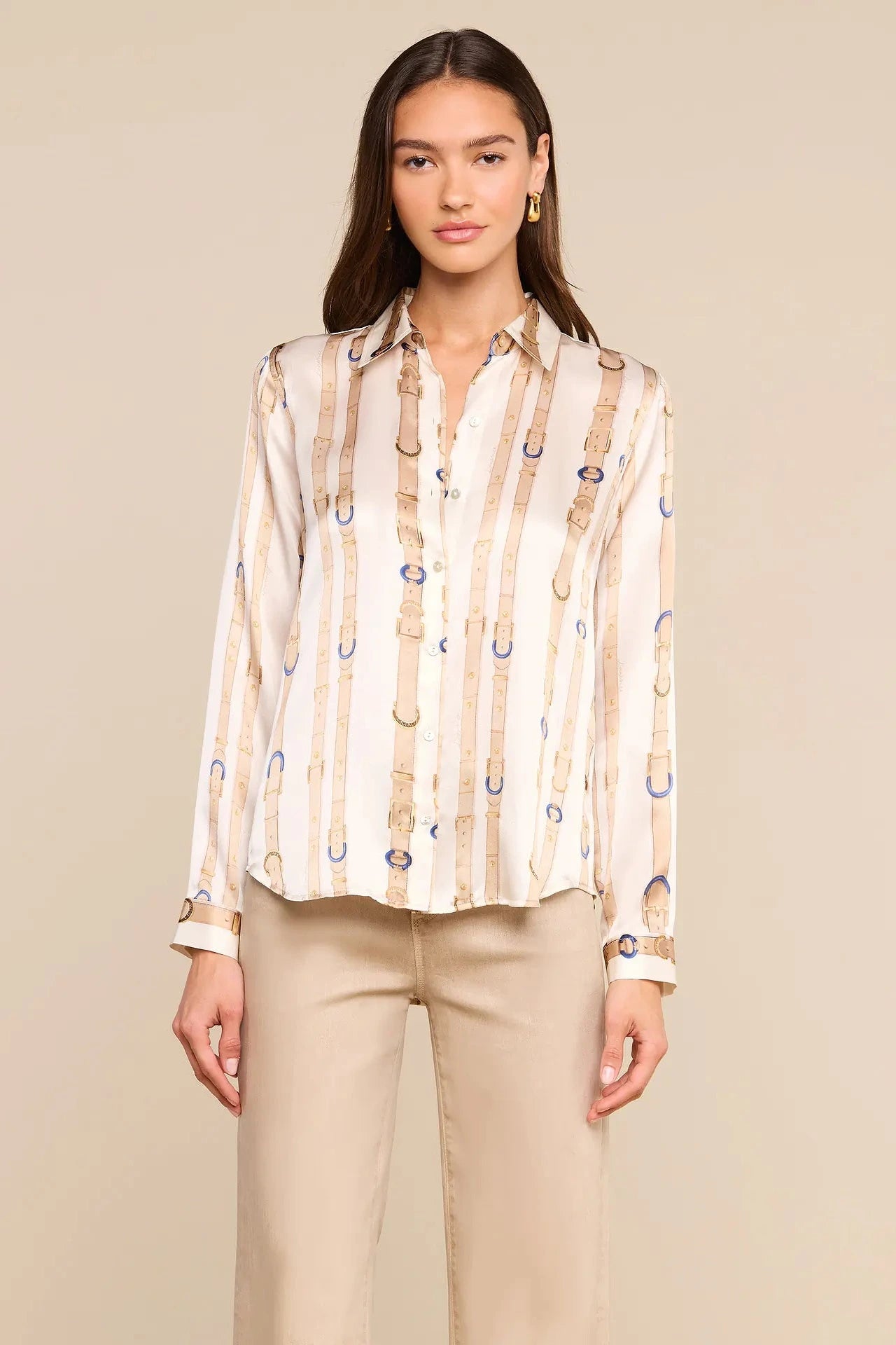 L'Agence Tyler Long-Sleeve Blouse - Ecru Multi-Stud Belt Stripe