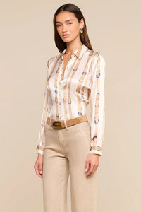 L'Agence Tyler Long-Sleeve Blouse - Ecru Multi-Stud Belt Stripe