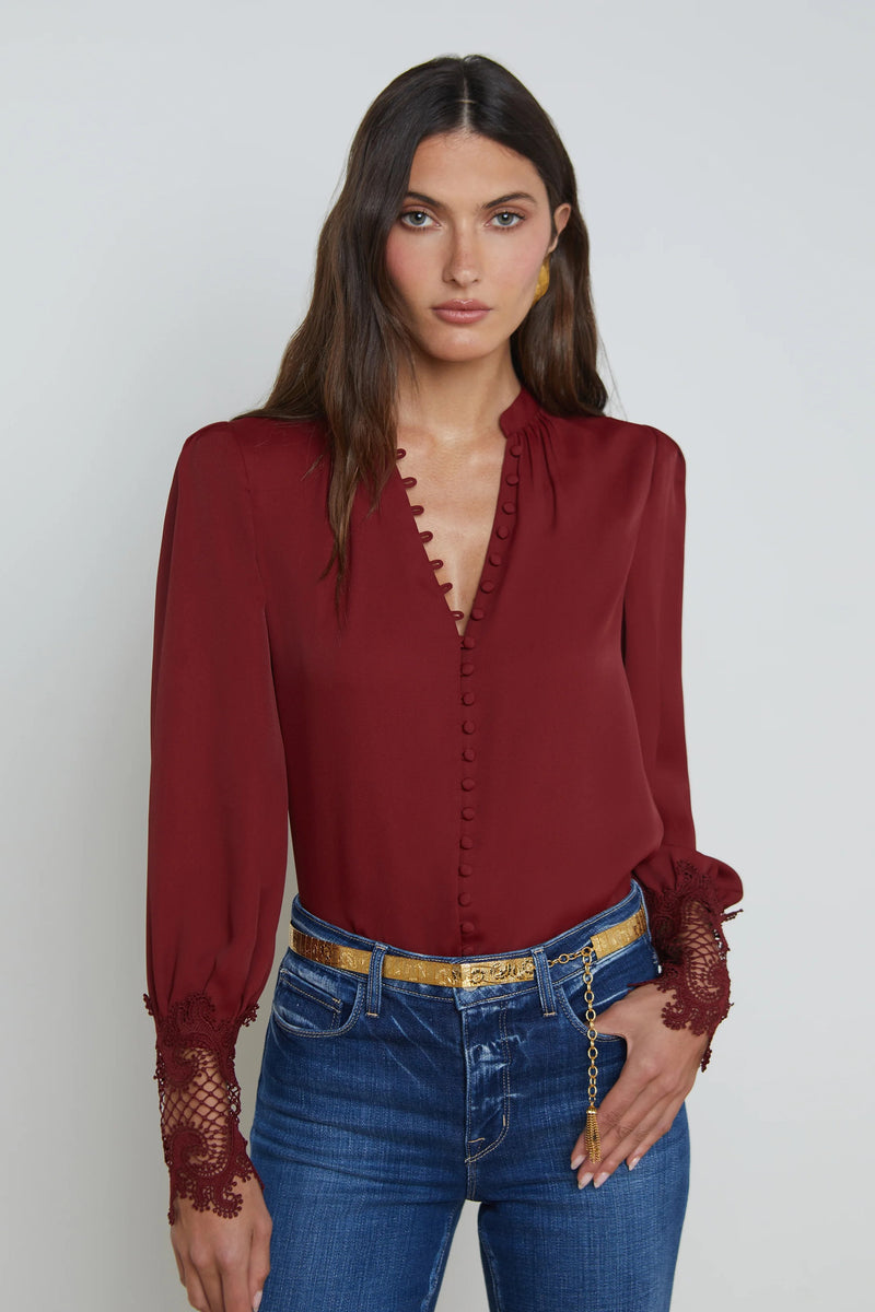 L'Agence Ava Lace Cuff Blouse V Neck