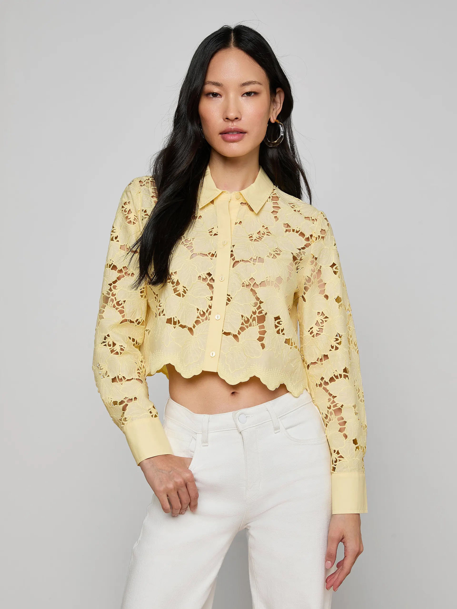 L'Agence Seychelle Cropped Eyelet Blouse Lemon Sorbet