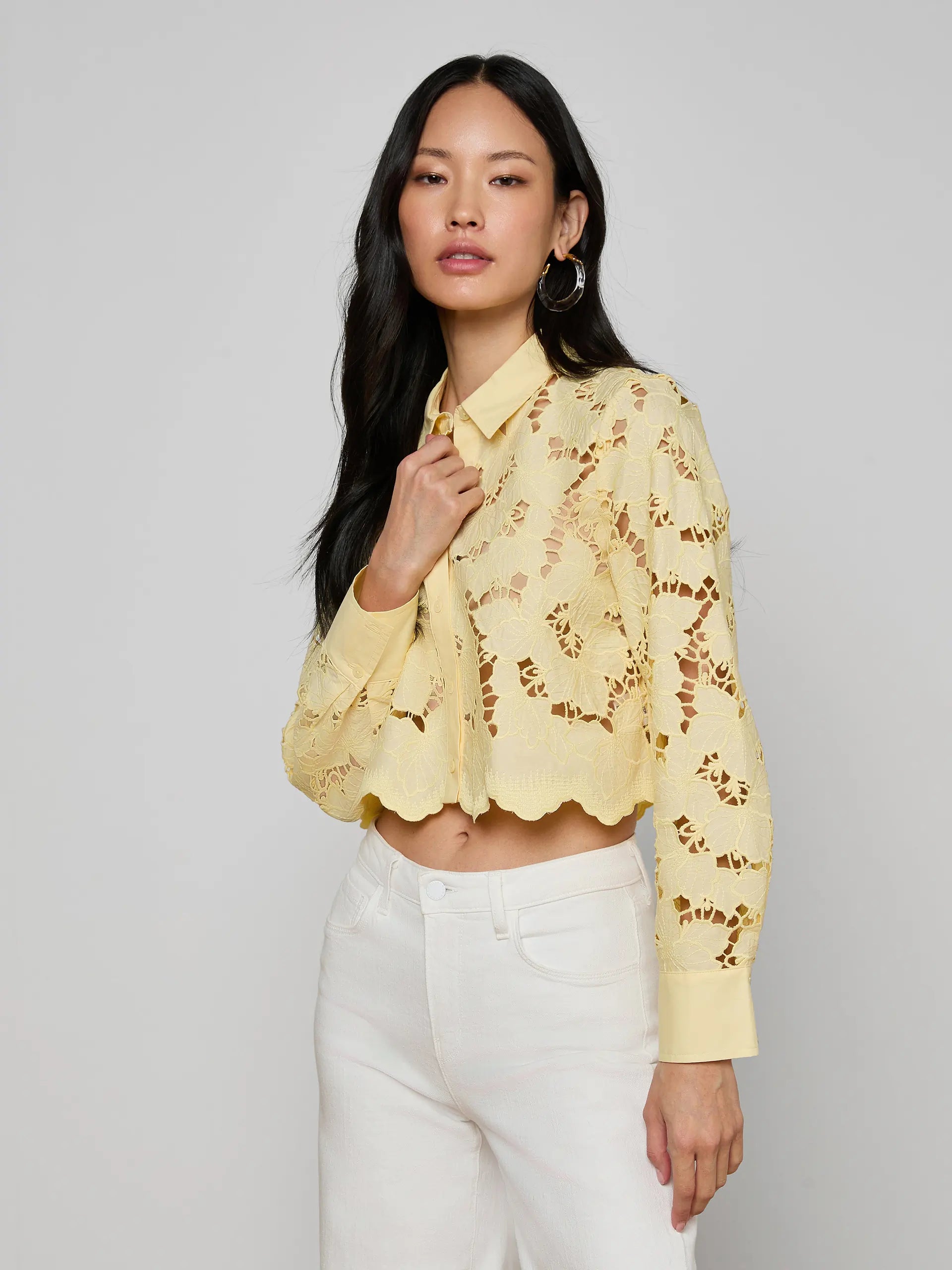 L'Agence Seychelle Cropped Eyelet Blouse Lemon Sorbet