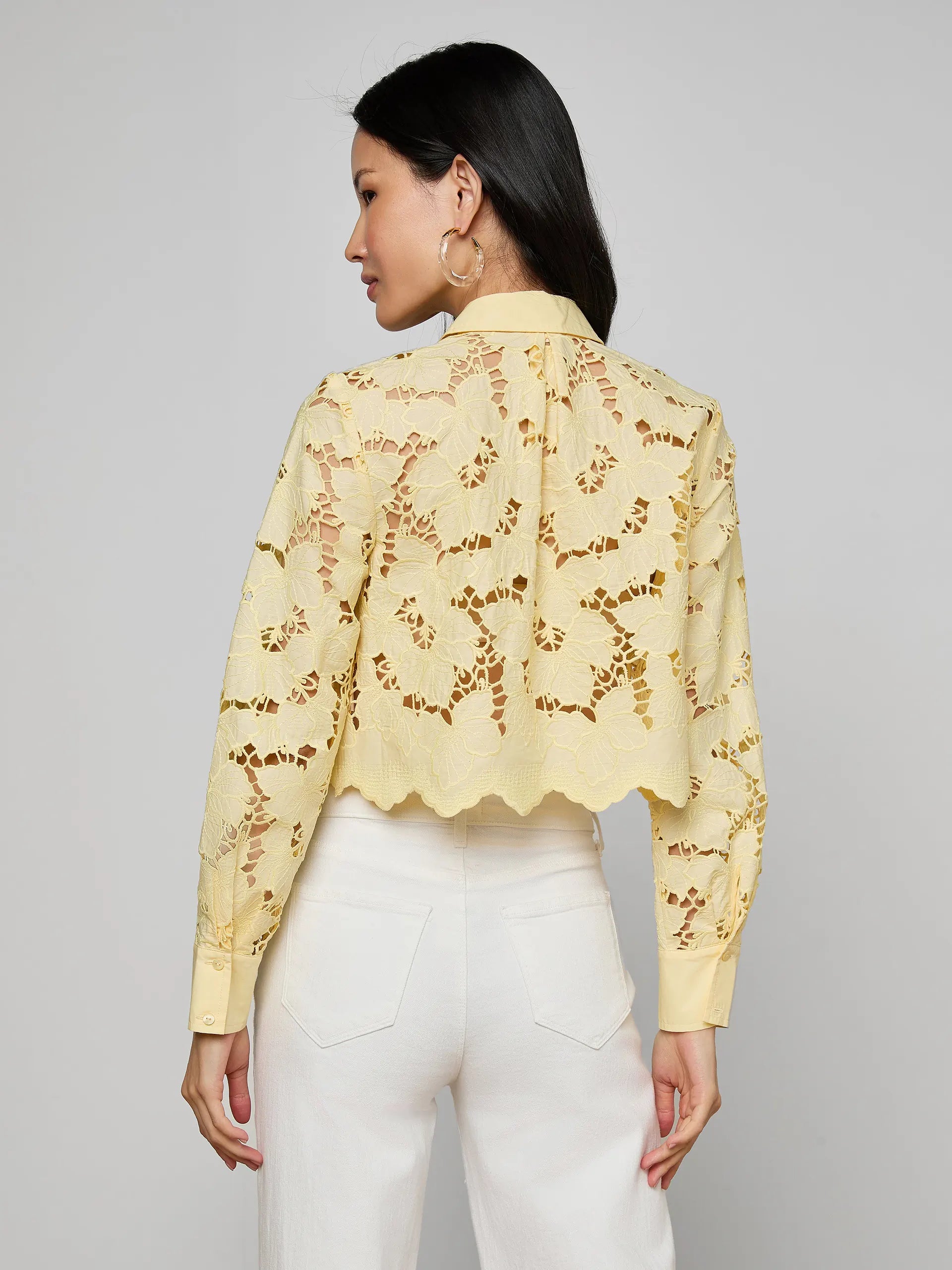 L'Agence Seychelle Cropped Eyelet Blouse Lemon Sorbet