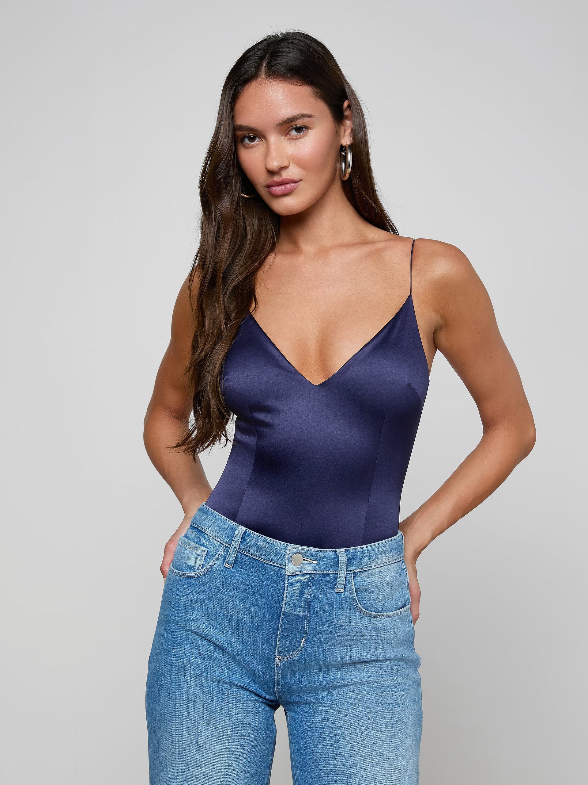 L'Agence Dara Stretch-Satin Bodysuit Midnight