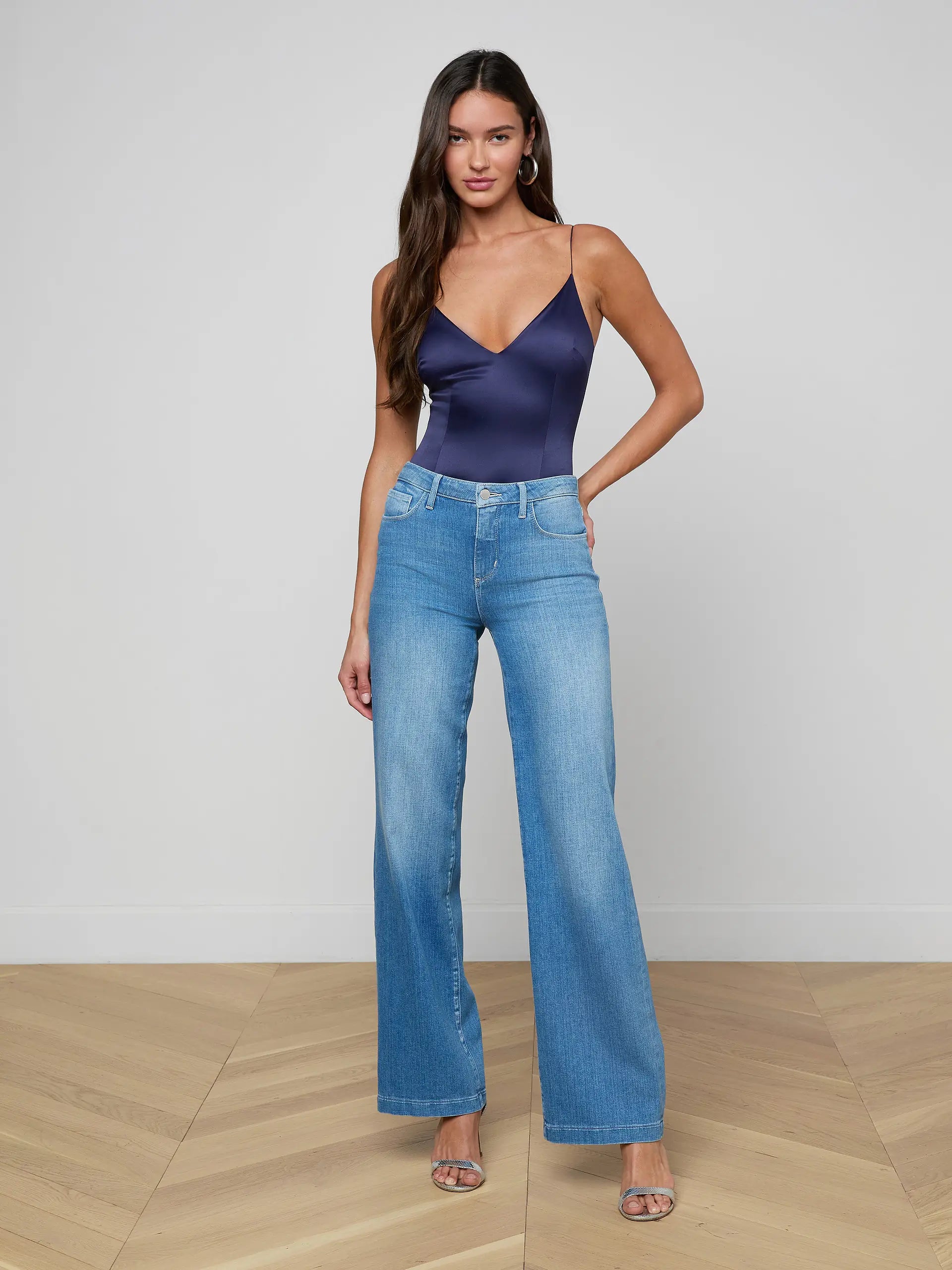 L'Agence Dara Stretch-Satin Bodysuit Midnight