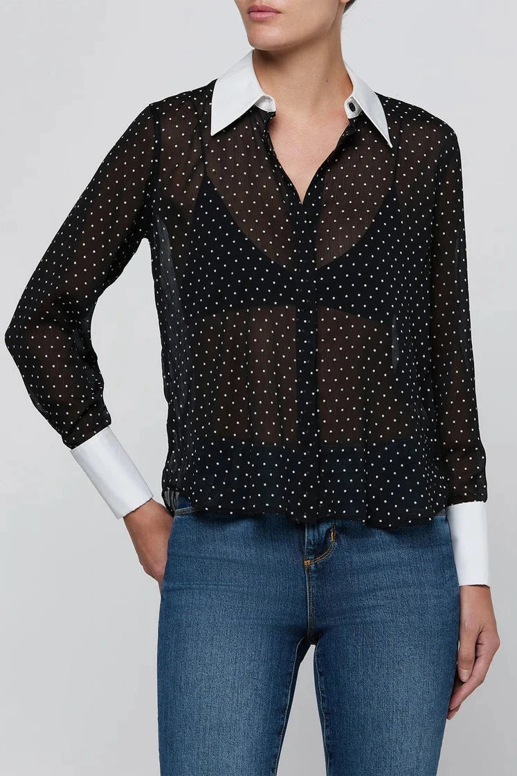 Blouse Sona L'Agence en popeline à col, noire et blanche à pois
