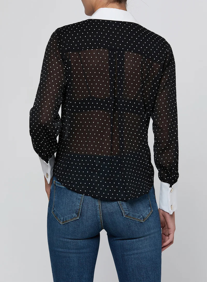 Blouse Sona L'Agence en popeline à col, noire et blanche à pois