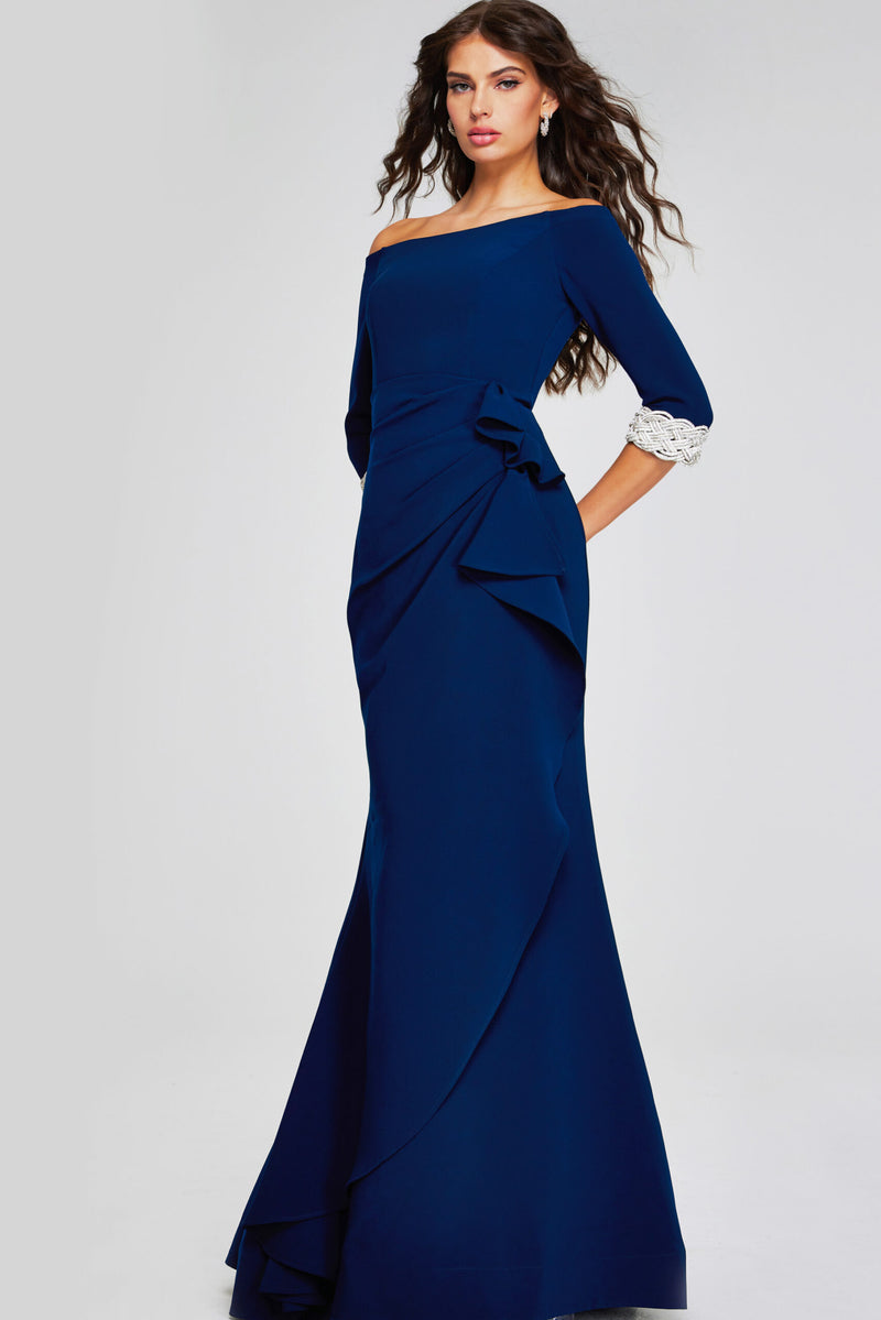 Trumpet Gown with Cowl Neck and Trimmed Sleeves