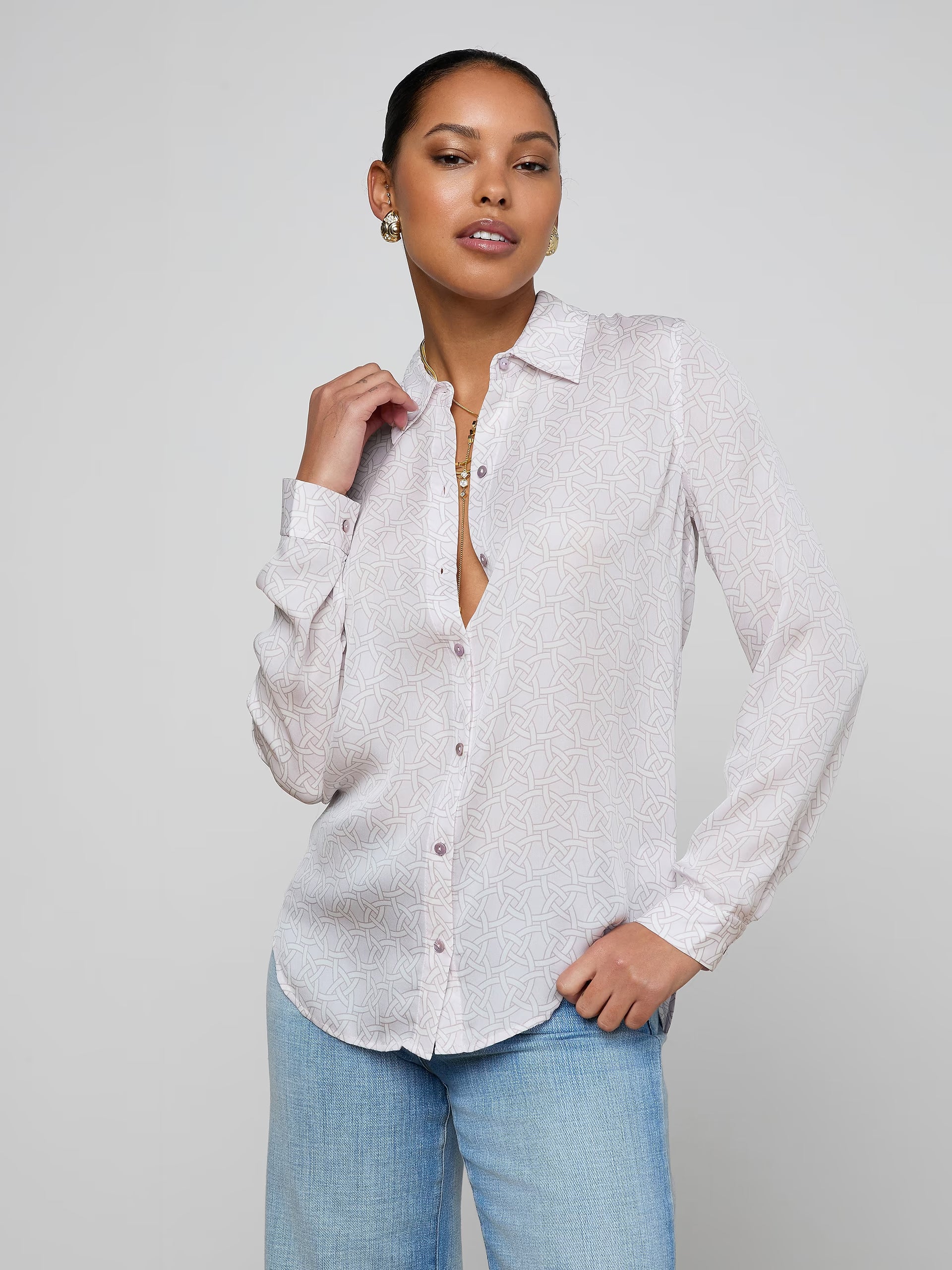 L'Agence Nina Silk Blouse Icy Lilac Linked Geo