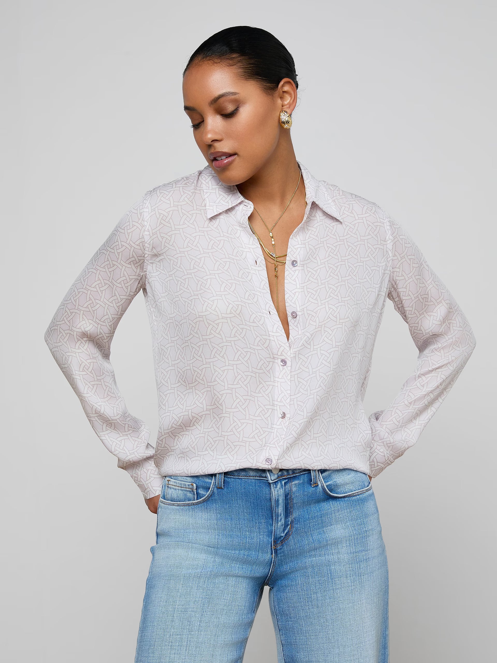 L'Agence Nina Silk Blouse Icy Lilac Linked Geo
