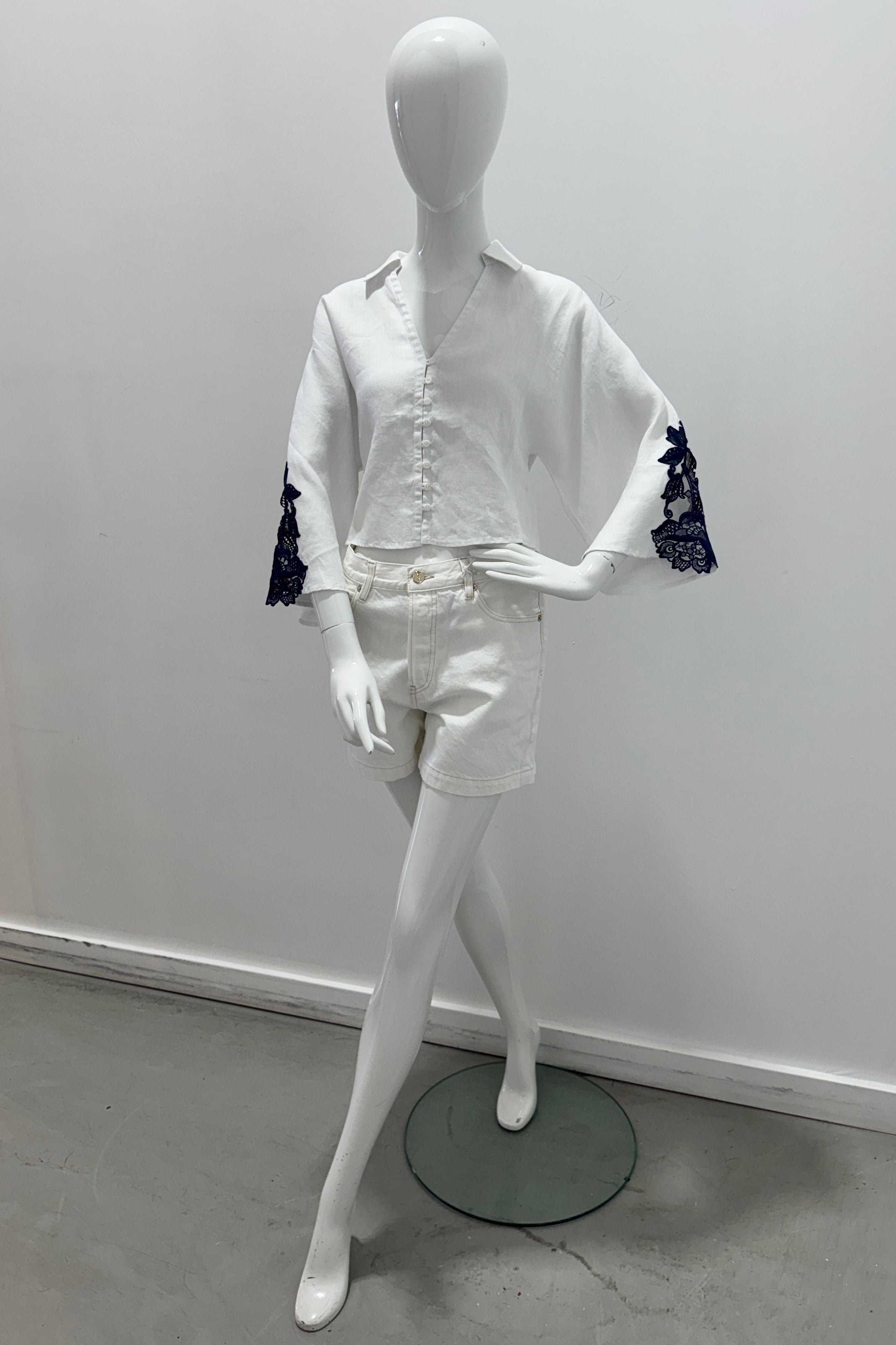 Purotatto Shirt With Macramé Embroidery White-Blue
