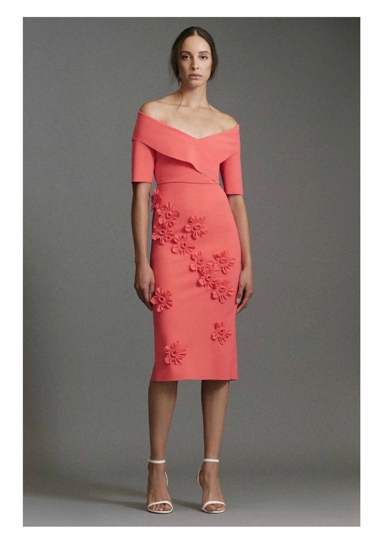 Greta Constantine Owlet Crossover-Detailing V-Neck Dress With Floral-Applique Navy