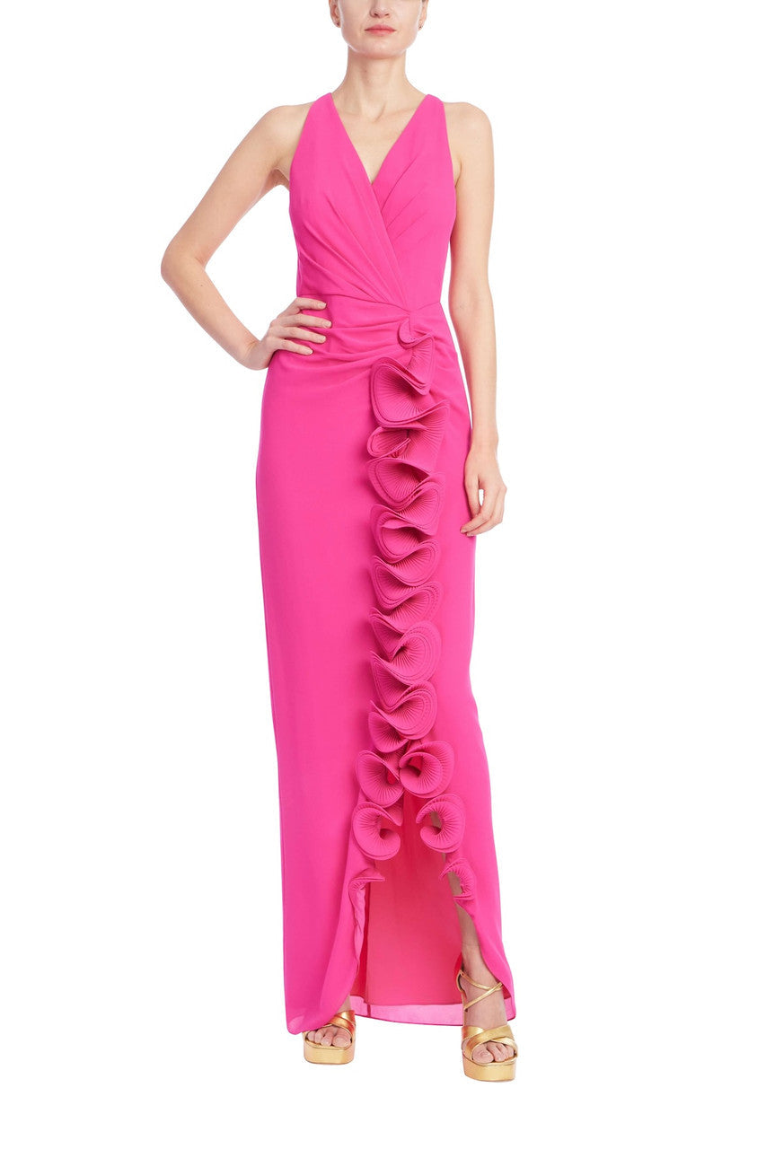 Badgley Mischka Halter Ruffle Skirt Magenta