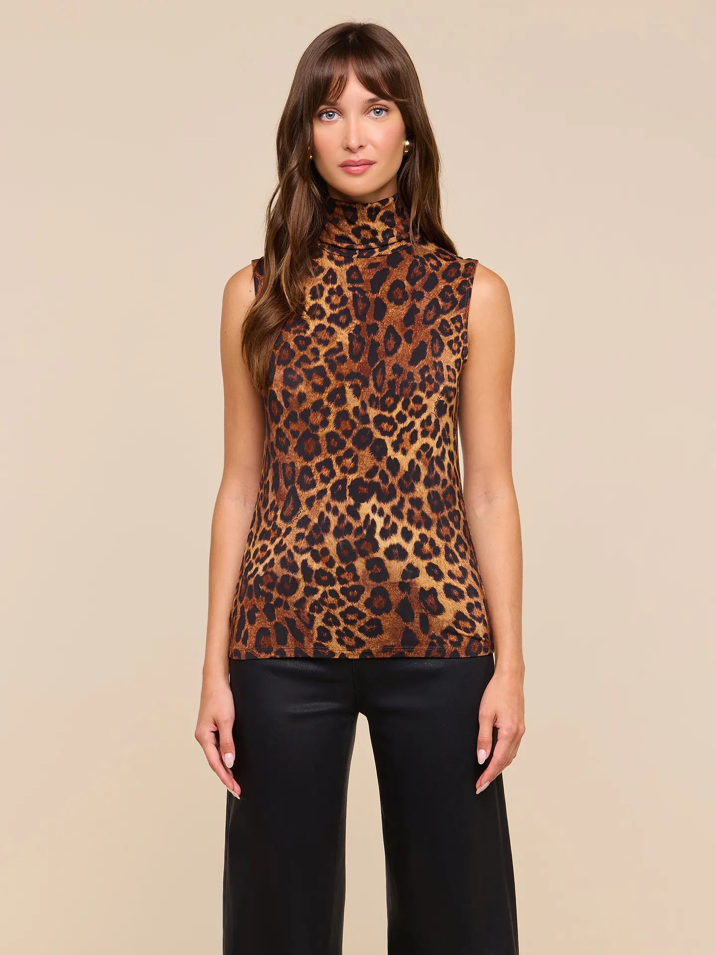 L'Agence Ceci Sleeveless Turtleneck Tan Multi Javan Leopard