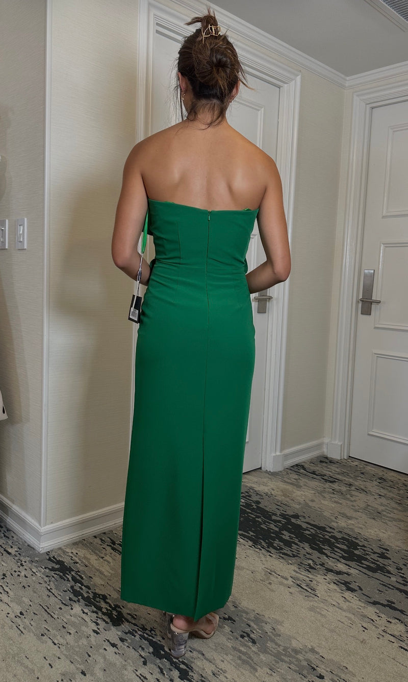 emerald green bandeau folded detail extreme split maxi dress MAC DUGGAL Crepe Strapless Midi with 3D Flower WK10DRESSFLASH