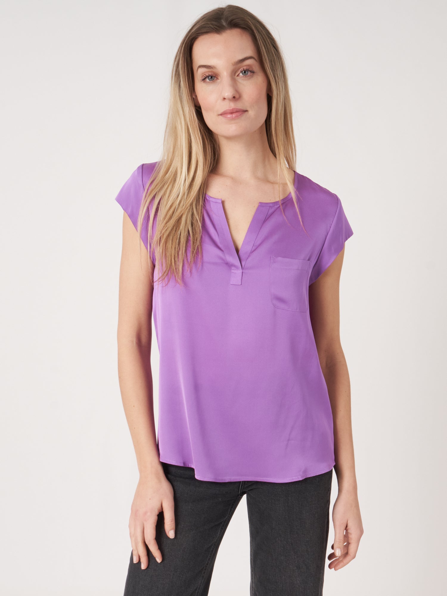 Repeat Silk V Neck Top With Chest Pocket