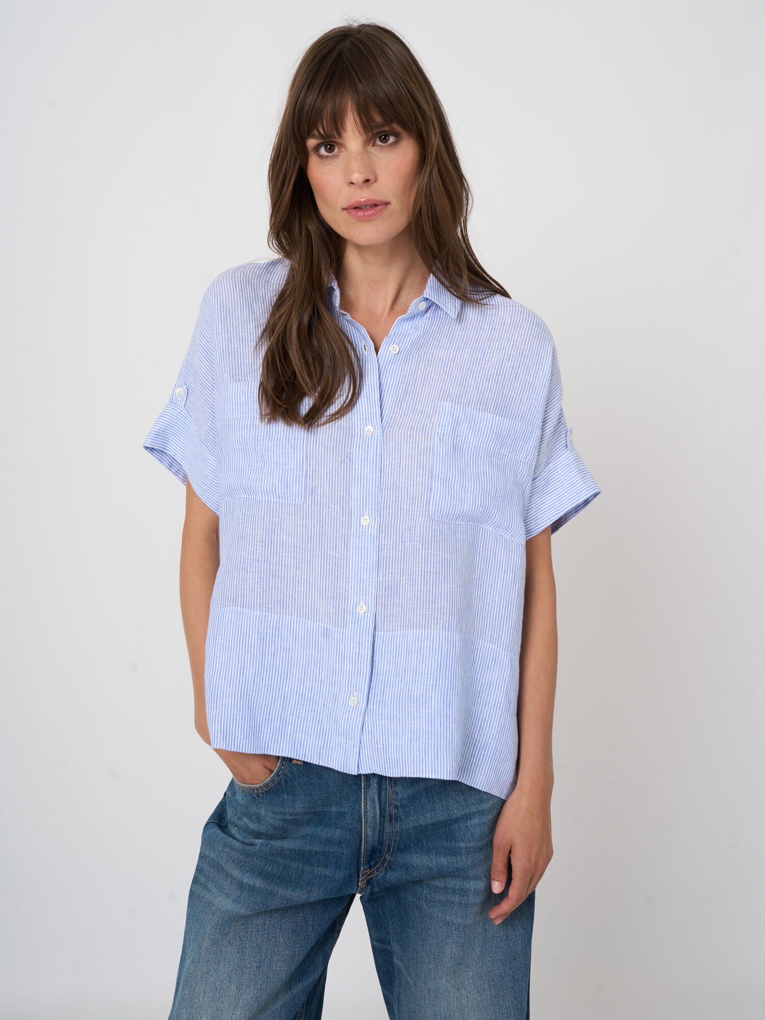 Repeat Pure Linen Striped Boxy Blouse