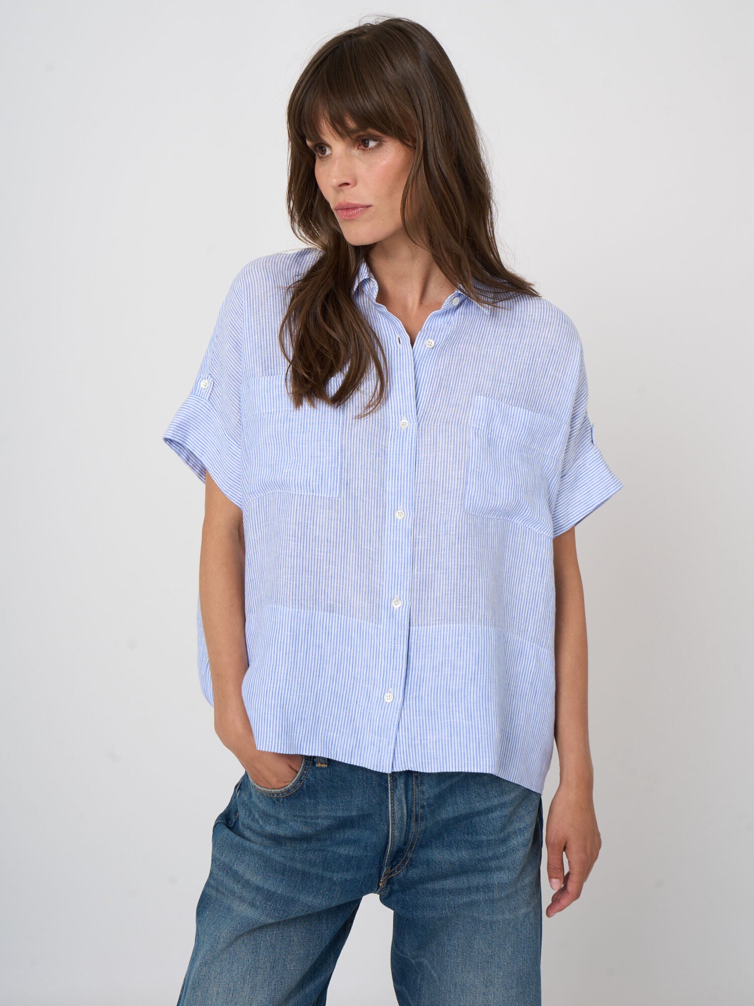 Repeat Pure Linen Striped Boxy Blouse