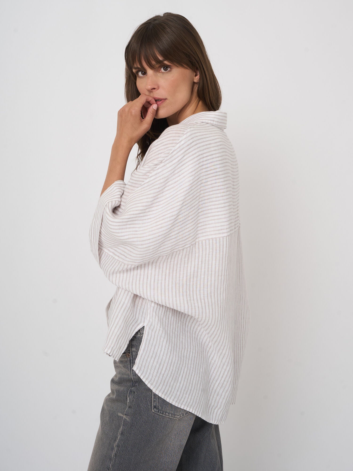Repeat Striped Pure Linen Batwing Blouse