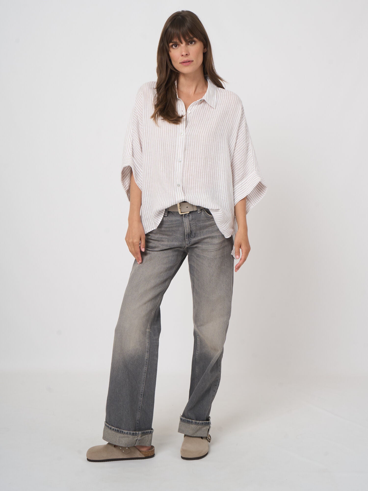 Repeat Striped Pure Linen Batwing Blouse