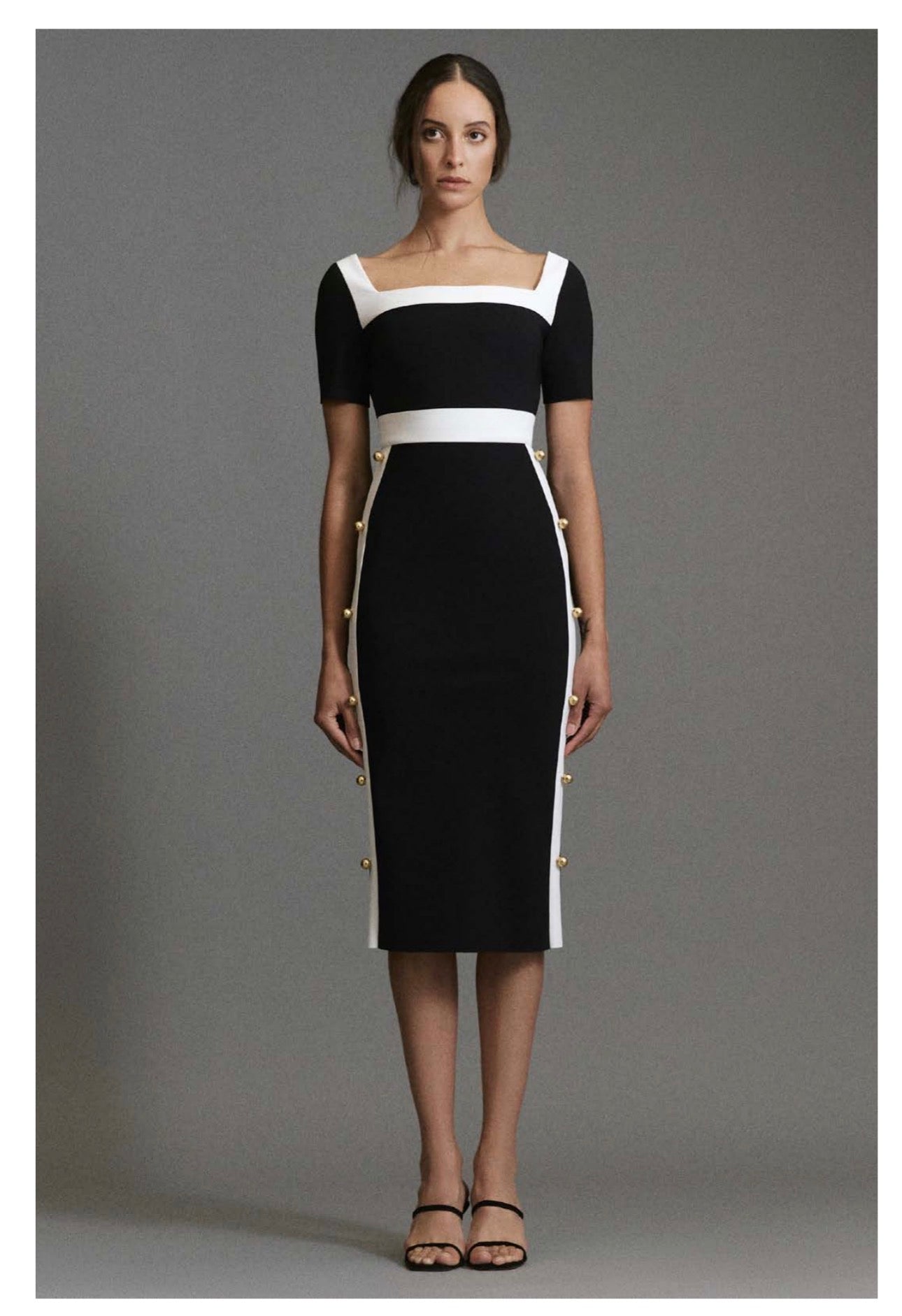Greta Constantine Levkoy Square Neckline Dress With Bauble Applique Black/Eggshell