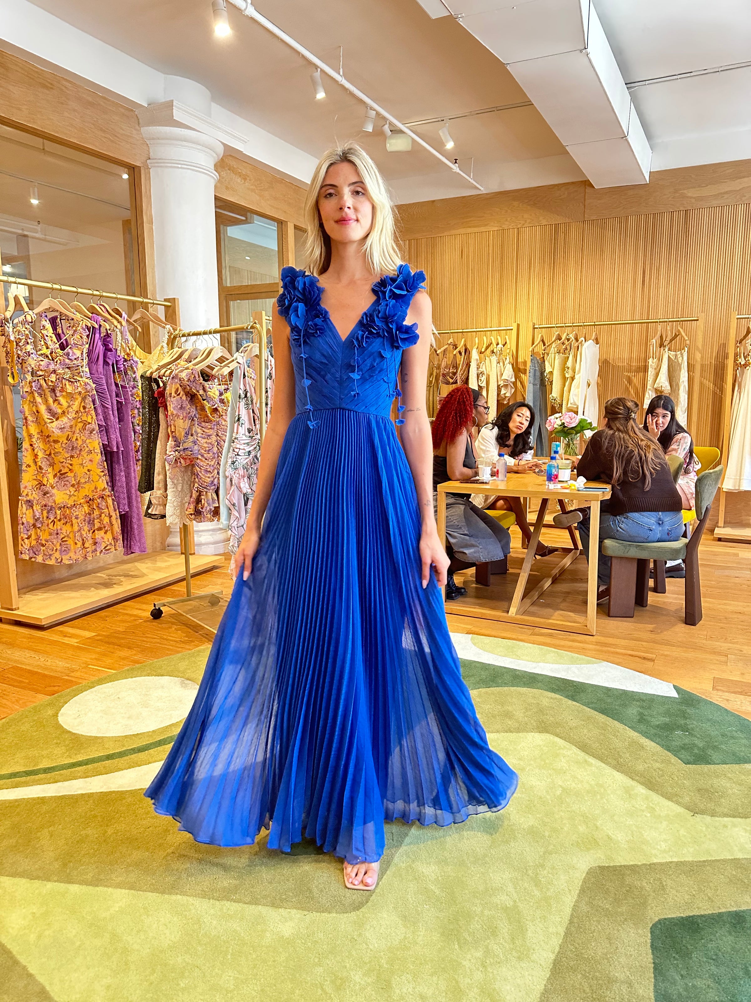 PatBO Chiffon Carmen Flowers Maxi Dress Blue