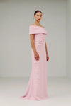 Catherine Regehr Off Shoulder Roll Collar Gown with Apple Blossom Spray