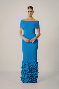 Catherine Regehr Off Shoulder Roll Collar Gown with Spiral Hem