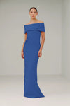 Catherine Regehr Off Shoulder Roll Collar Gown with Apple Blossom Spray