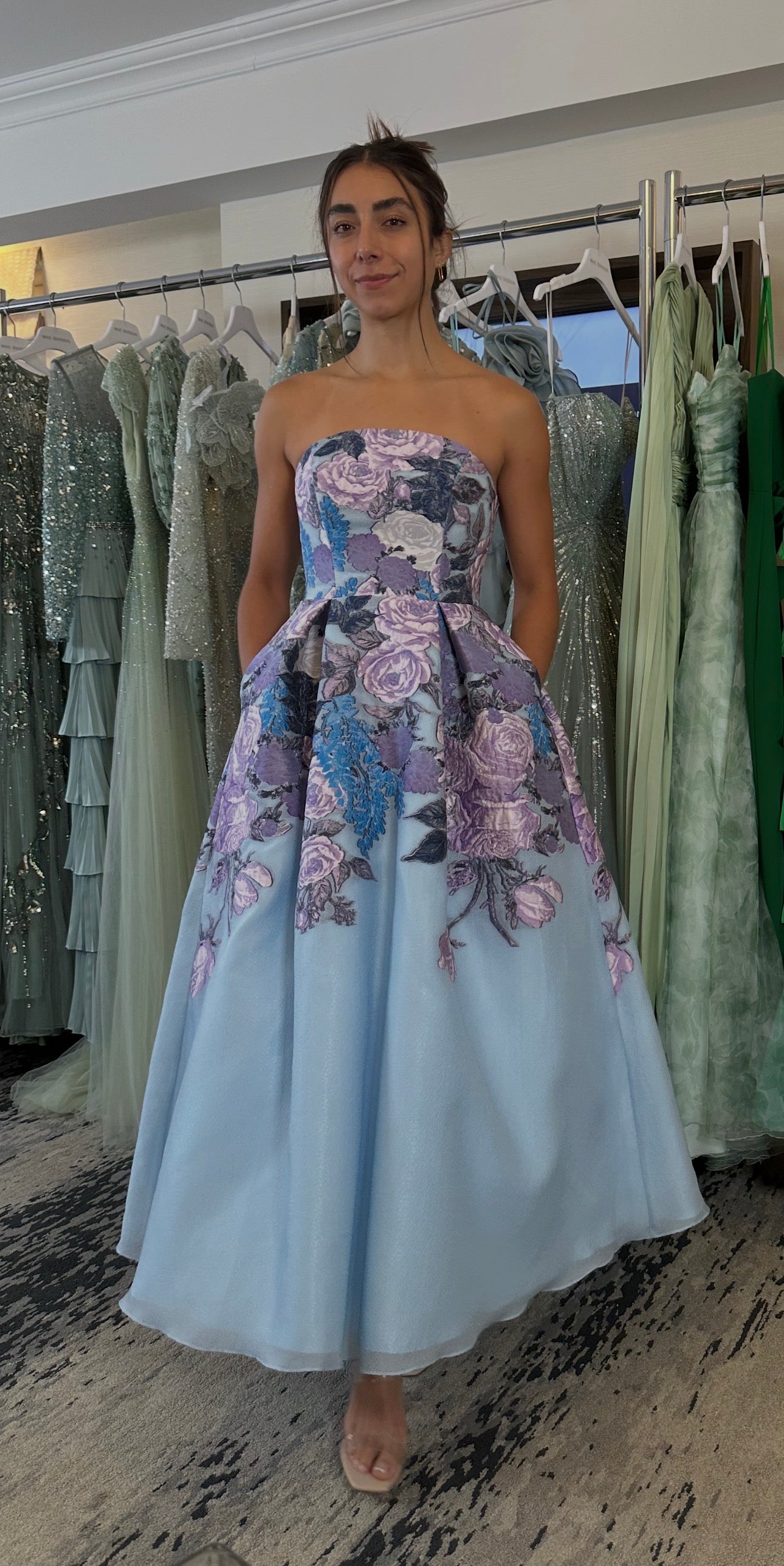 Robe Mac Duggal en organza bustier avec poches Bleu multicolore