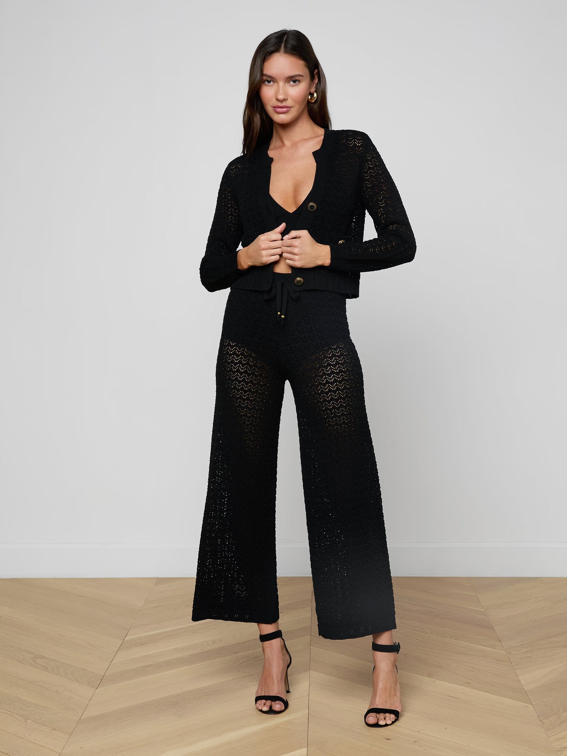 L'Agence Orla Pointelle Knit Cardigan Black/Gold