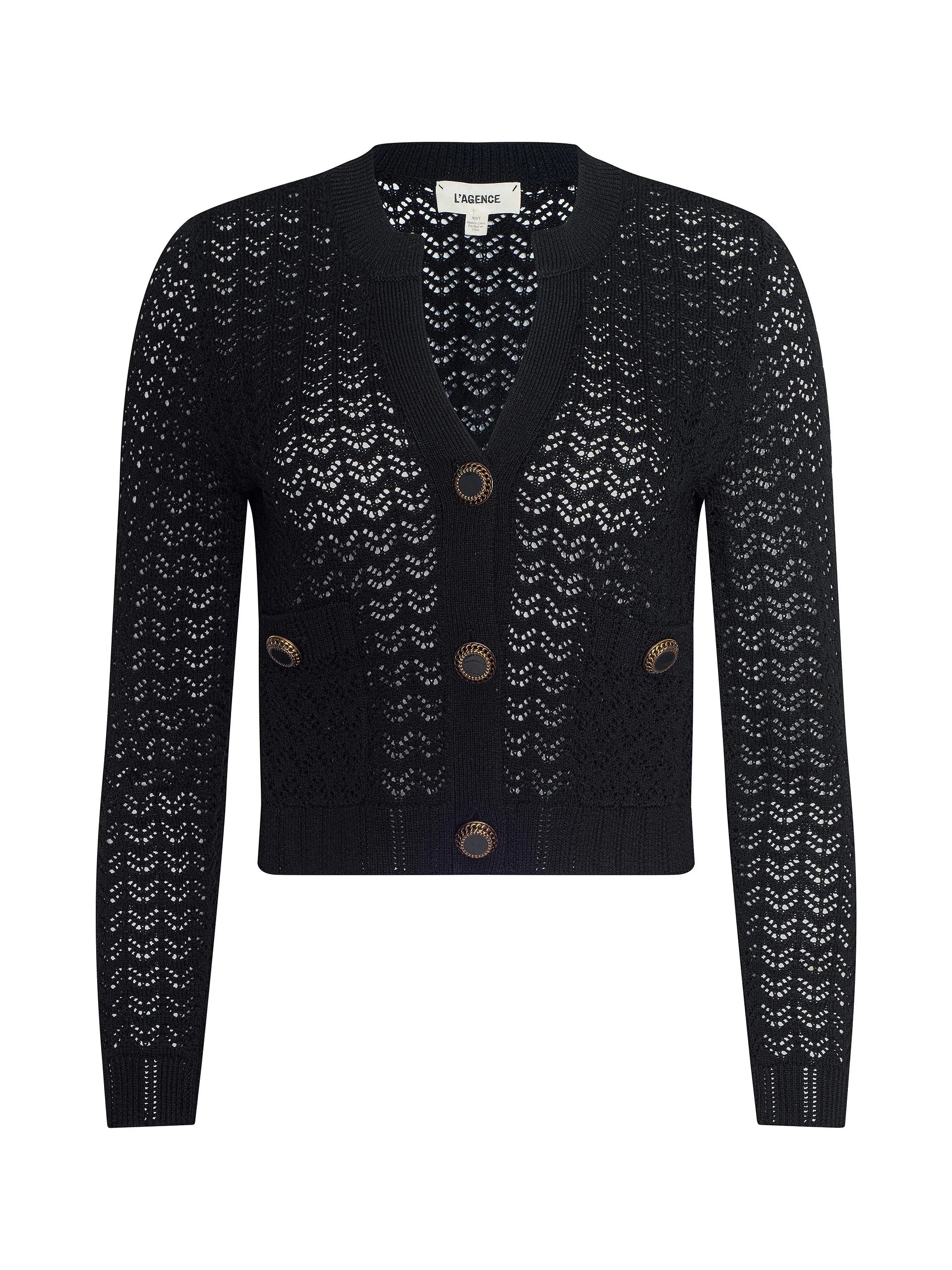 L'Agence Orla Pointelle Knit Cardigan Black/Gold