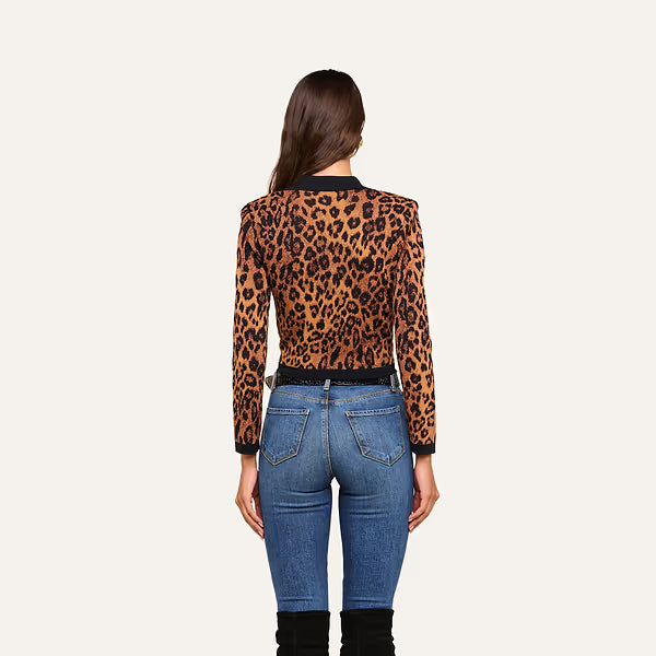 L'Agence Osiris Jacquard Collared Cardigan Tan Multi Javan Leopard