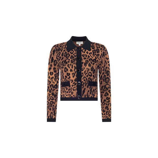 L'Agence Osiris Jacquard Collared Cardigan Tan Multi Javan Leopard