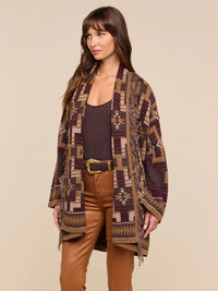 L'Agence Jair Jacquard Fringe Cardigan Dark Java/Burgundy Multi