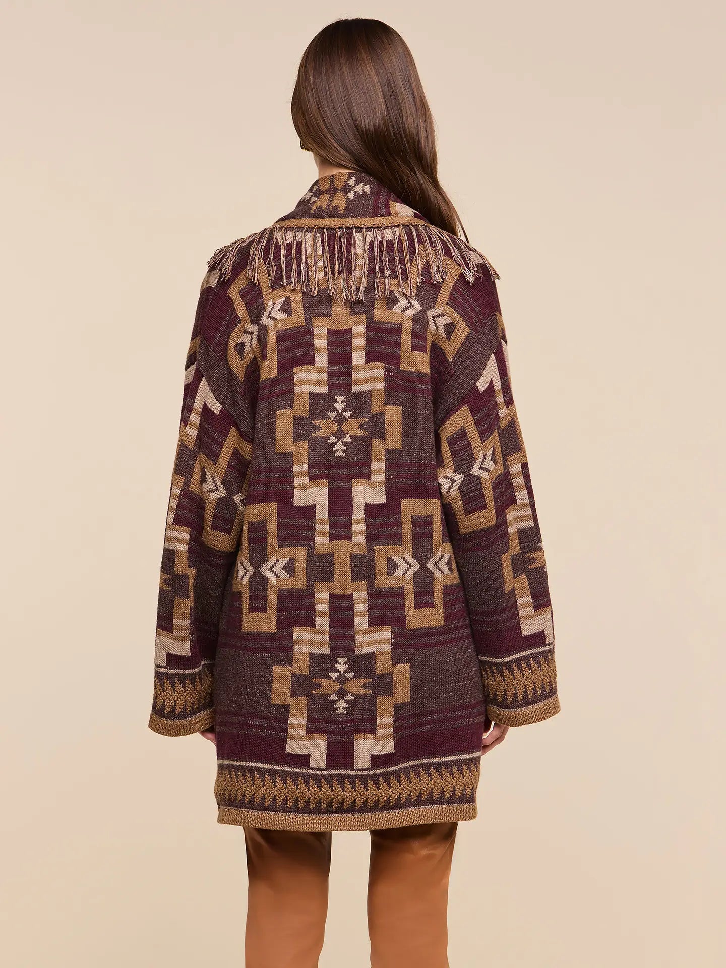 L'Agence Jair Jacquard Fringe Cardigan Dark Java/Burgundy Multi