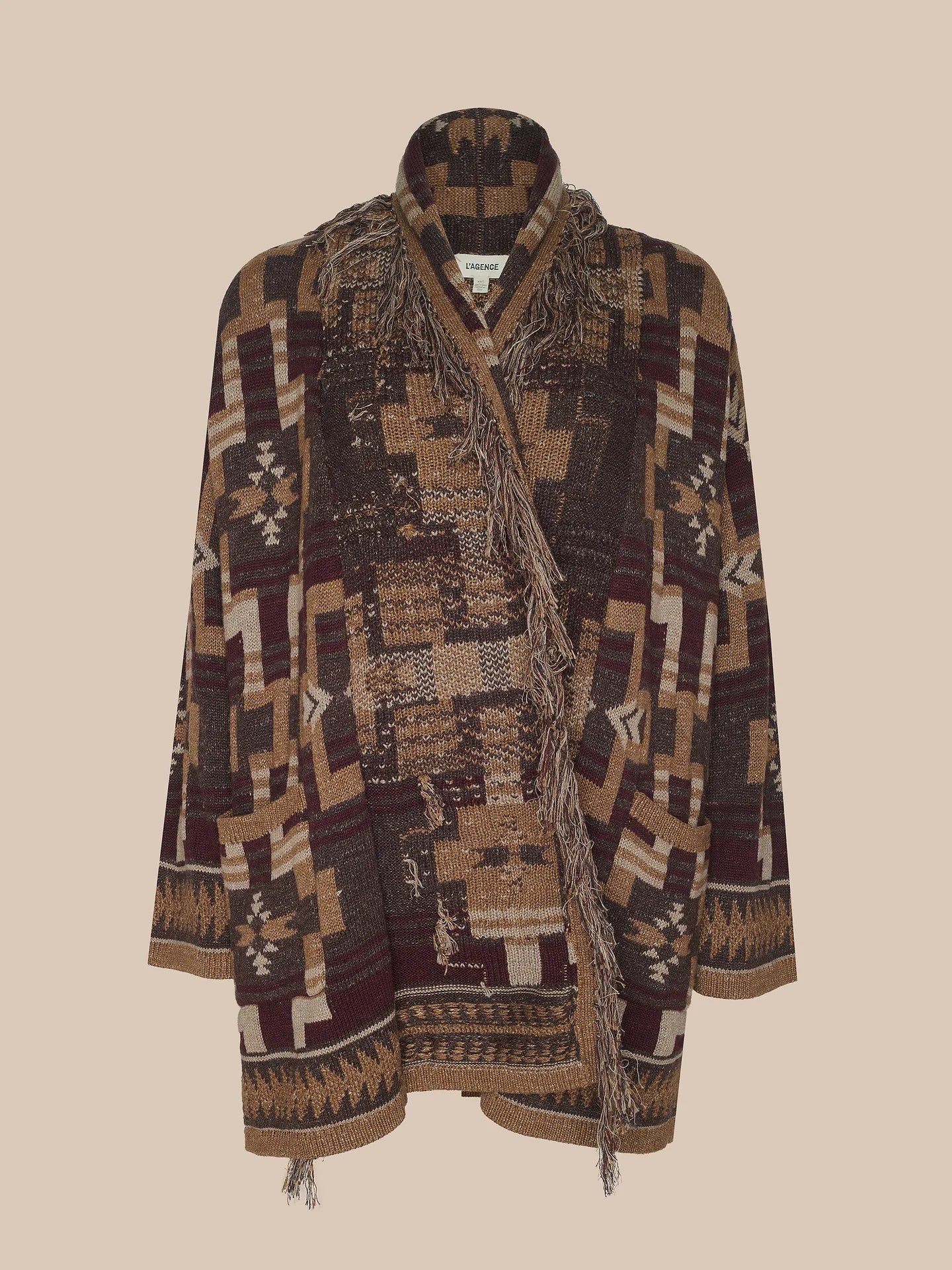 L'Agence Jair Jacquard Fringe Cardigan Dark Java/Burgundy Multi