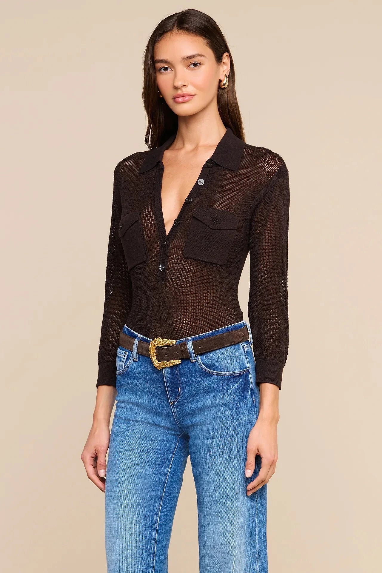 L'Agence Carine Pointelle Collared Sweater - Coffee Bean