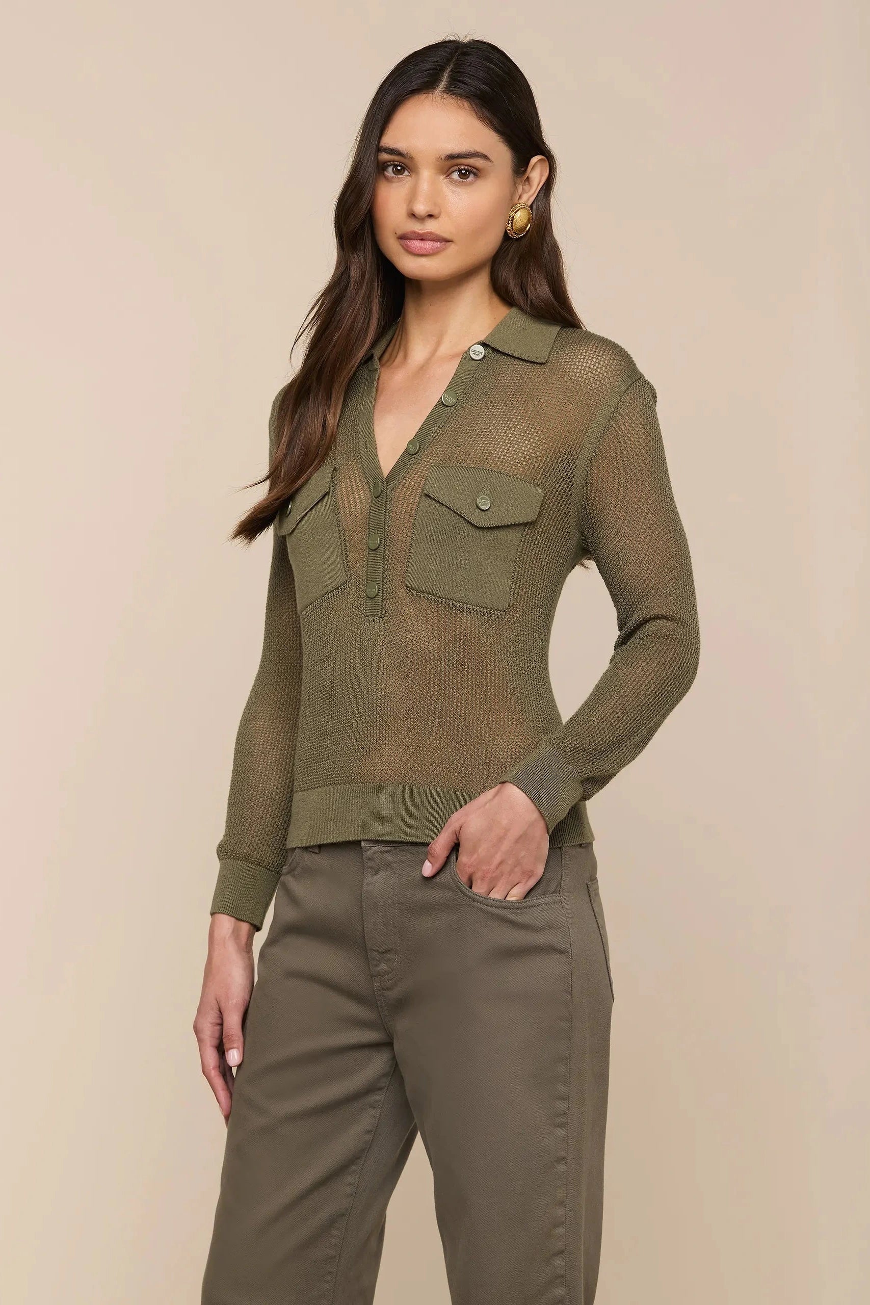 L'Agence Carine Pointelle Collared Sweater Smokey Olive