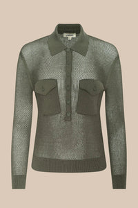 L'Agence Carine Pointelle Collared Sweater Smokey Olive