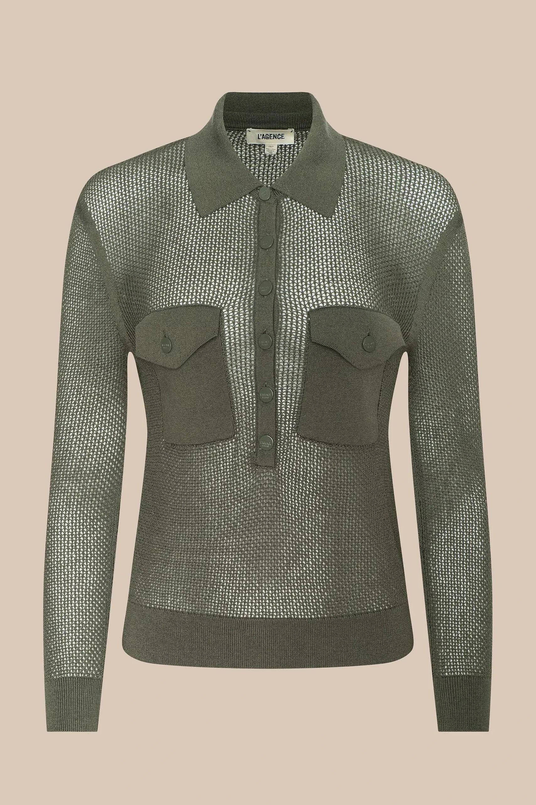 L'Agence Carine Pointelle Collared Sweater Smokey Olive