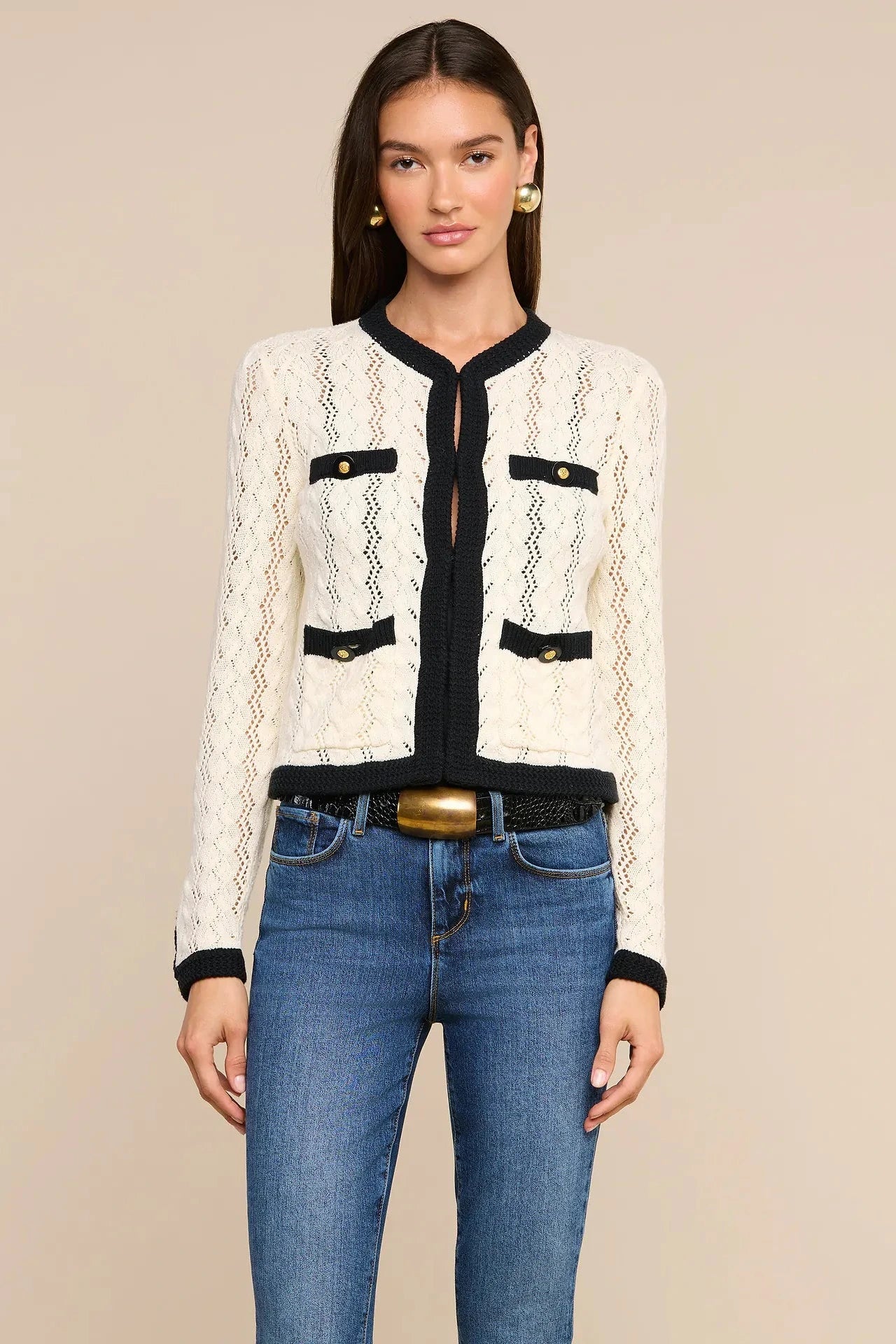 L'Agence Zephyra Pointelle Knit Cardigan - Ivory/Black