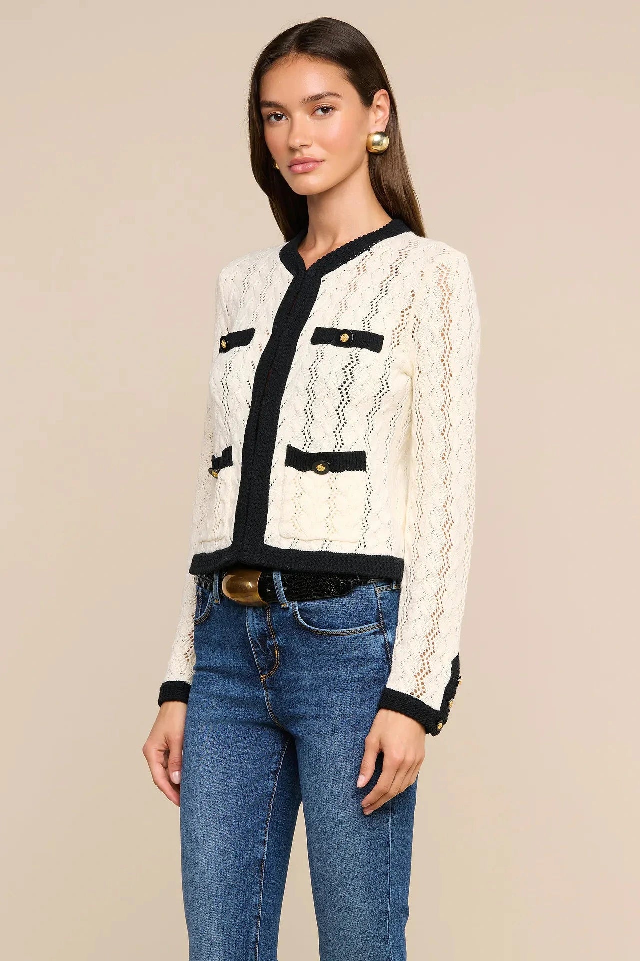 L'Agence Zephyra Pointelle Knit Cardigan - Ivory/Black