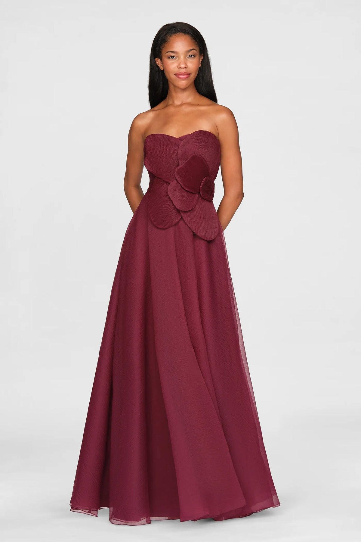 Theia Lyon Pleated Draped Rose Gown Oxblood