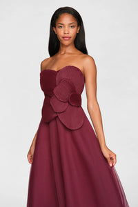 Theia Lyon Pleated Draped Rose Gown Oxblood