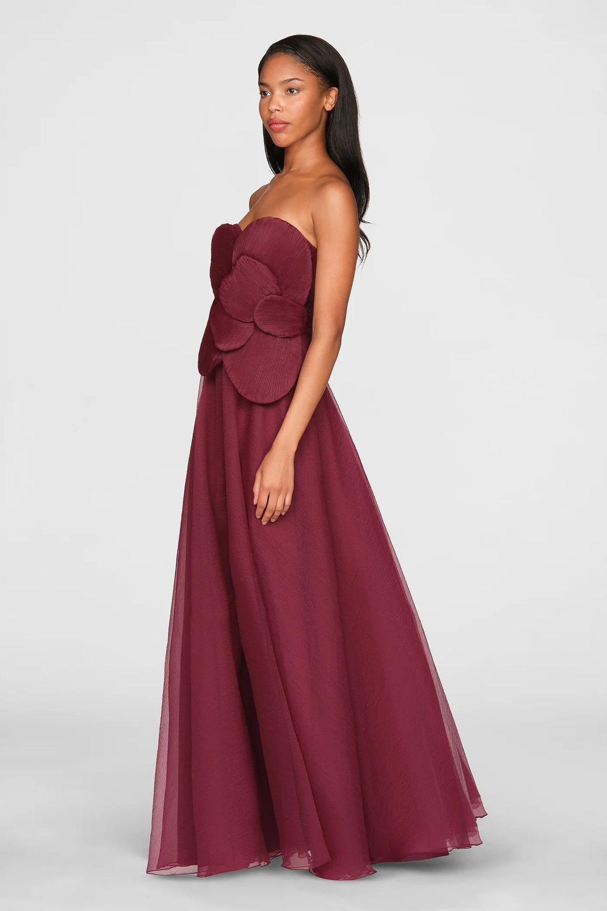 Theia Lyon Pleated Draped Rose Gown Oxblood